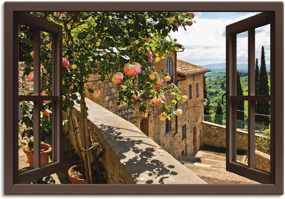 ARTland Leinwandbild Wandbild Bild auf Leinwand 130x90 cm Wanddeko Fensterblick Fenster Toskana Land