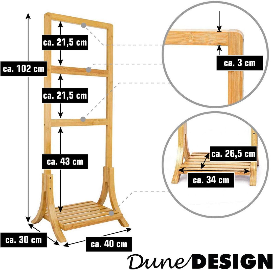 DuneDesign Nachhaltiger Bambus Handtuchständer - 40x30x102 Kleiderständer Bad Handtuchhalter Holz