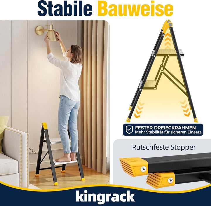 KINGRACK Trittleiter 2 Stufen Klappbar, Tritthocker aus Aluminium &amp; Stahl | Klapptritt mit Breite ru