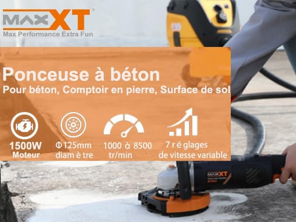 MAXXT Betonschleifer Betonfräse Set, 1500W Motor, 3000-8500rpm Leerlaufdrehzahl, 125mm Polierpad, 3,