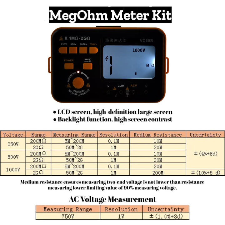 VC60B LCD Digital Megohmmeter Isolationswiderstand Tester MegOhm Meter 200MΩ / 2GΩ