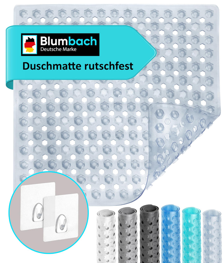 Blumbach® Duschmatte rutschfest 53x53cm - 100% BPA-frei - Inkl. 2 Haken zum Aufhängen - griffige Ant