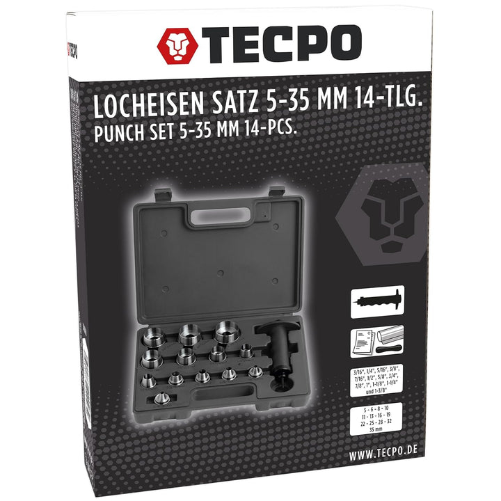 TECPO Locheisen Satz 14-teilig Loch Stanzen Henkellocheisen 5-35mm Lochstanzer Werkzeug