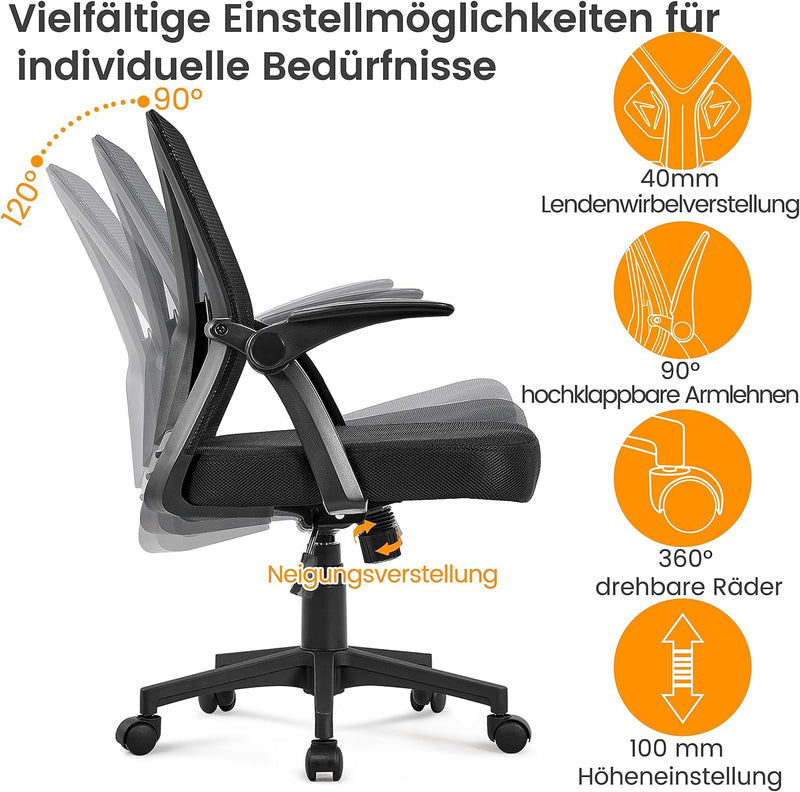 Yaheetech Bürostuhl ergonomisch, Schreibtischstuhl aus Mesh mit Hochklappbaren Armlehnen, Drehstuhl