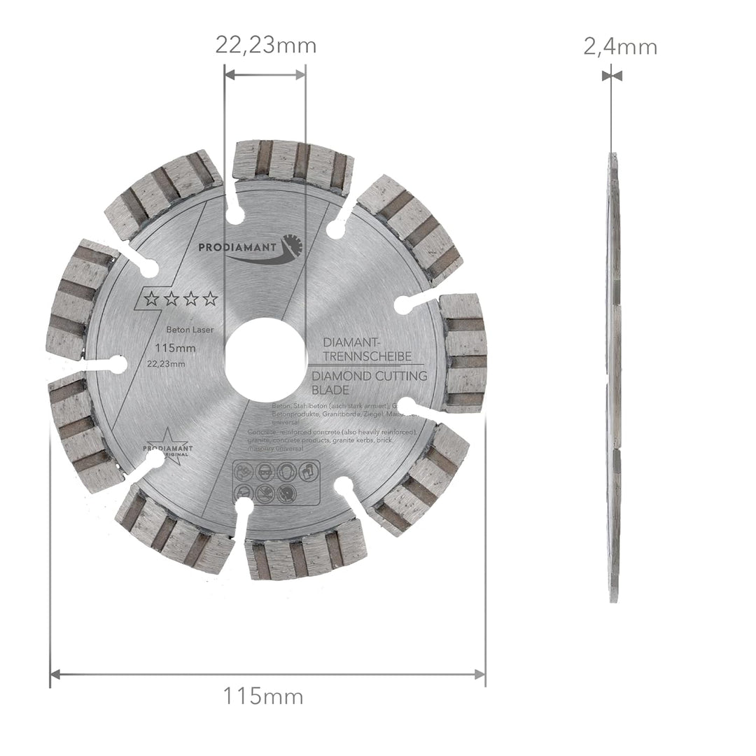 PRODIAMANT Laser Diamanttrennscheibe 115mm Beton Stahlbeton Stein und Ziegel Diamant Turbo-Segmente