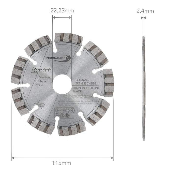 PRODIAMANT Laser Diamanttrennscheibe 115mm Beton Stahlbeton Stein und Ziegel Diamant Turbo-Segmente