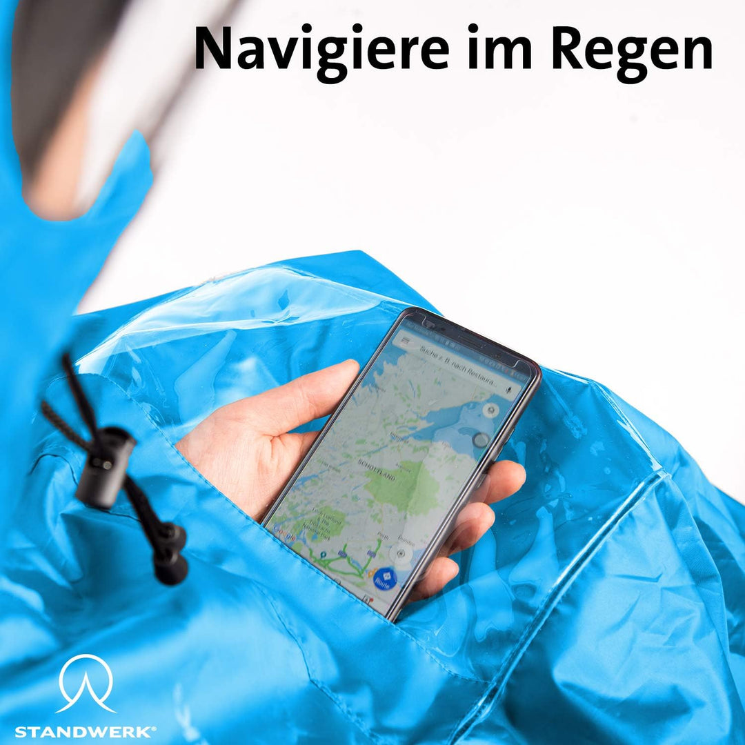 STANDWERK Regenponcho mit einzigartiger Navigationstasche und Sichtfenster fürs Wandern - Regencape