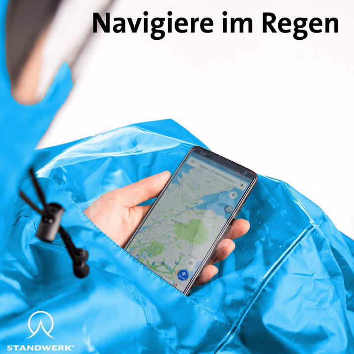 STANDWERK Regenponcho mit einzigartiger Navigationstasche und Sichtfenster fürs Wandern - Regencape