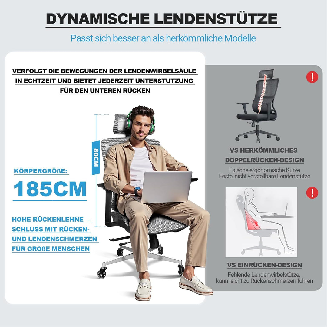 Bürostuhl Ergonomisch, 4D-Armlehnen, Verstellbare Sitztiefe, 4-stufige Neigung, Gummirollen, Mesh-Si