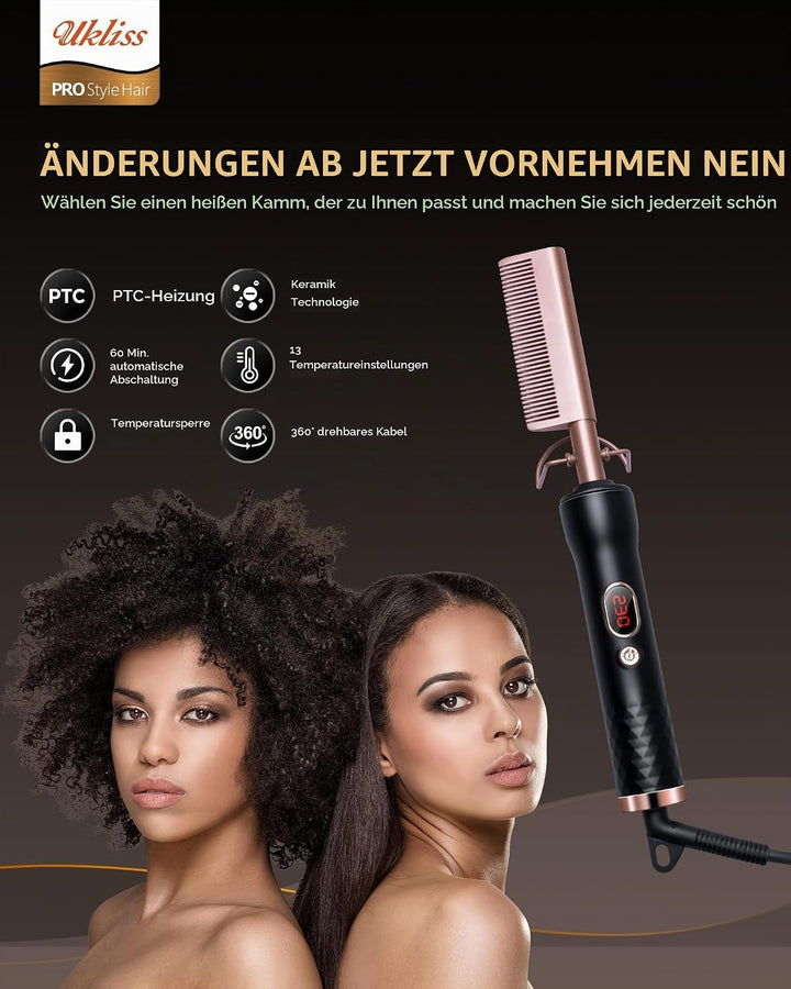 UKLISS Hot Comb, Haarglätter Kamm, Glättkamm, Hot Comb for Wig, Thermal Brush mit LCD 120-230℃, Hair