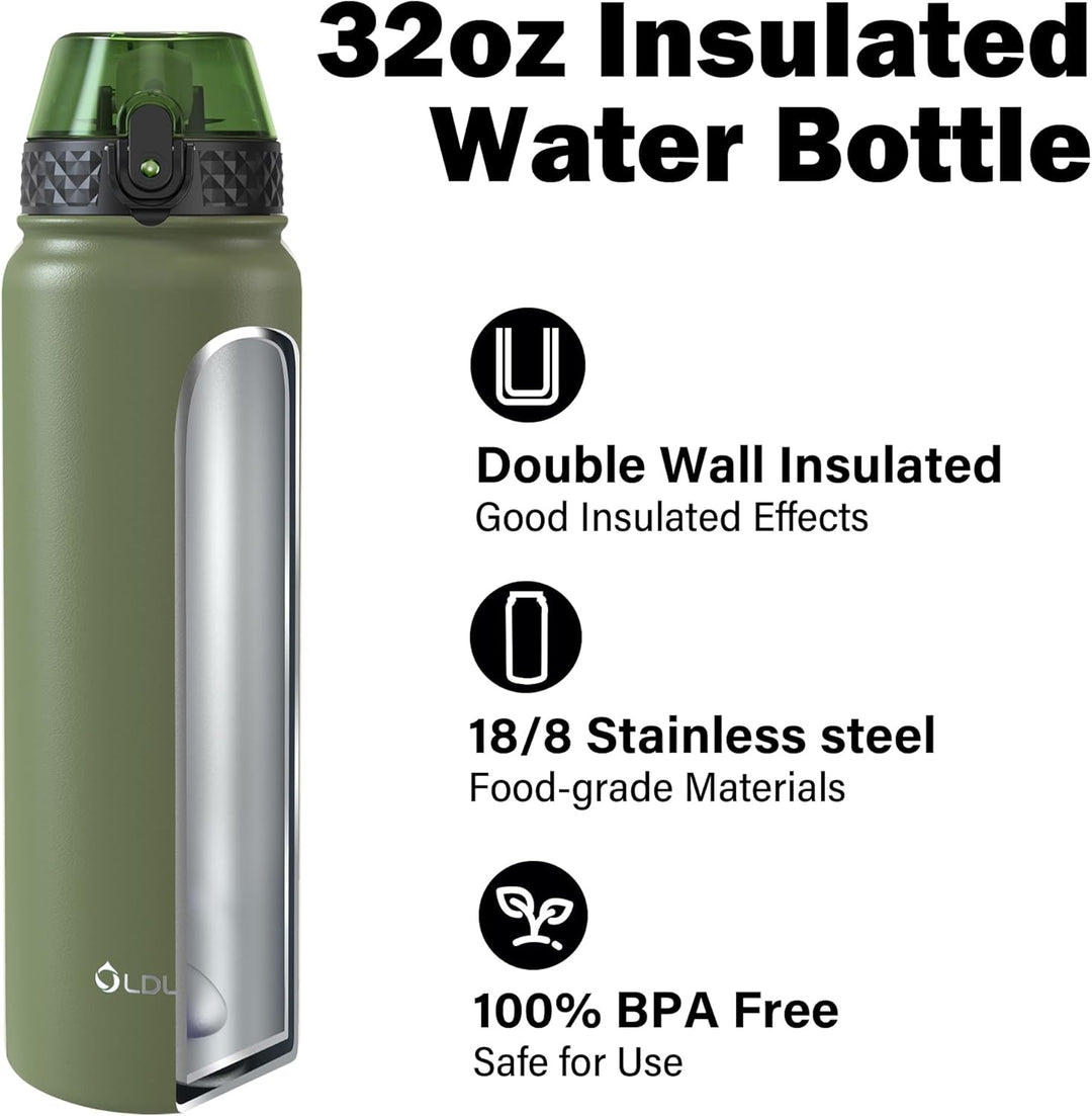 OLDLEY Edelstahl Trinkflasche mit Strohhalm 1L Isolierte flasche mit 3 Deckel Grosse Thermosflasche