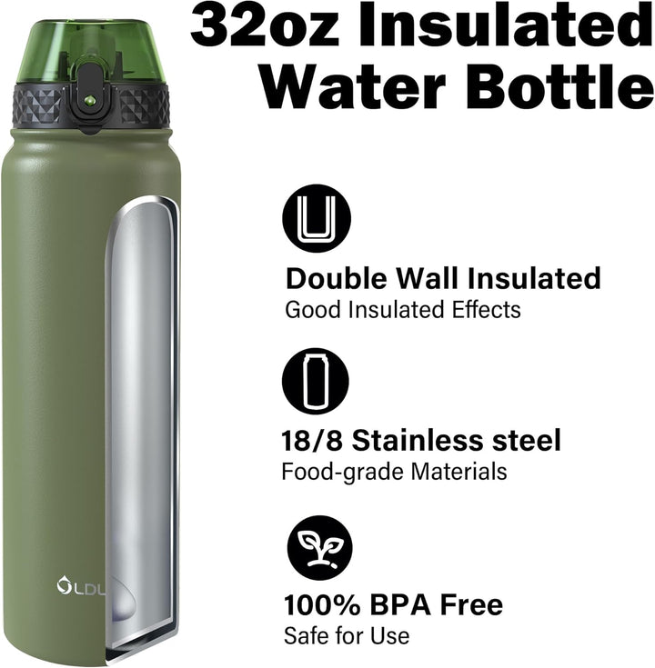 OLDLEY Edelstahl Trinkflasche mit Strohhalm 1L Isolierte flasche mit 3 Deckel Grosse Thermosflasche