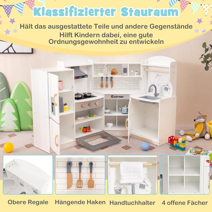 COSTWAY Eck Spielküche, Kinderküche mit Licht & Sound, Kinderspielküche mit Spüle, Eismaschine, Back