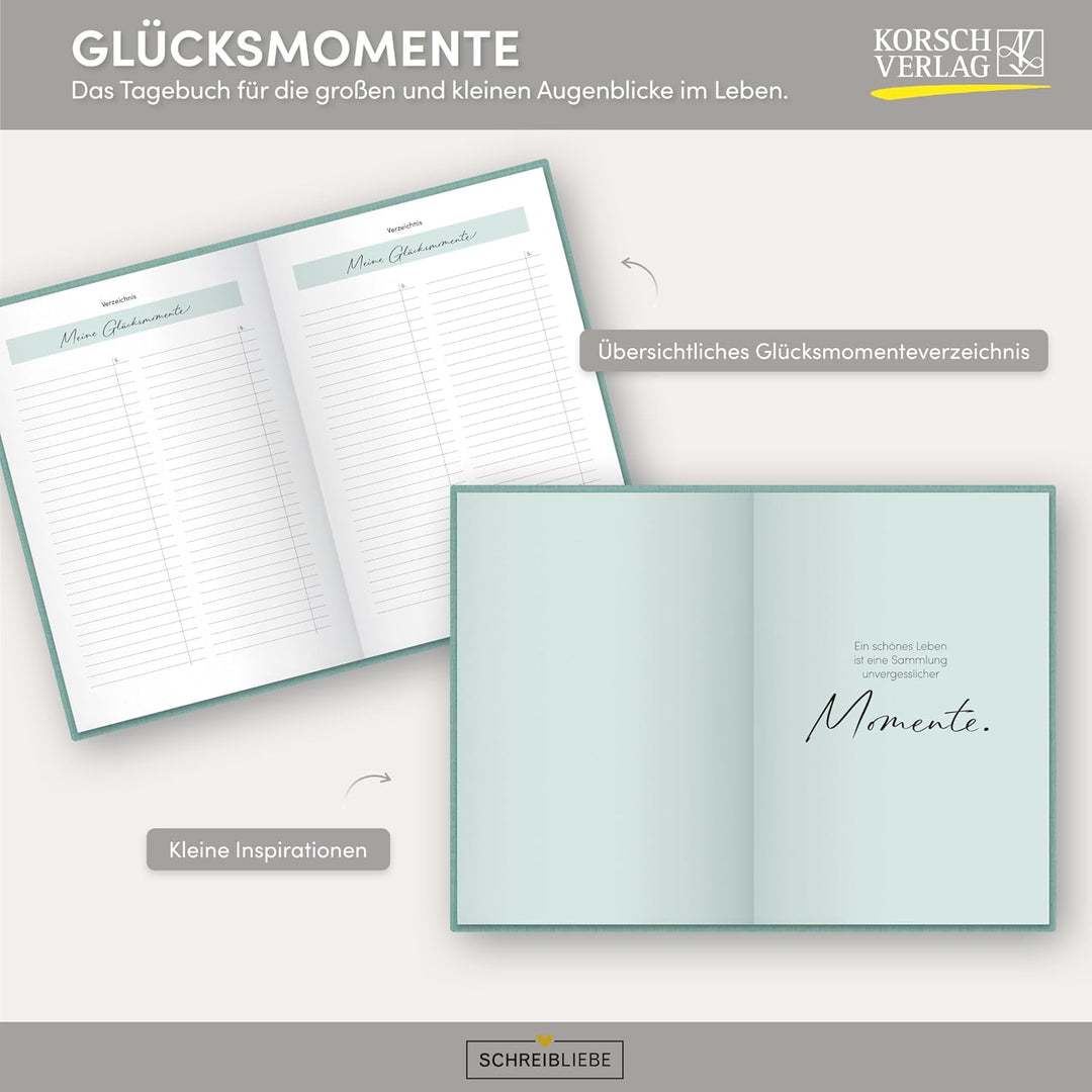 Glücksmomente Mint: Notizbuch, Ausfüllbuch mit Goldveredelung, Lesebändchen, Zetteltasche und Gummib