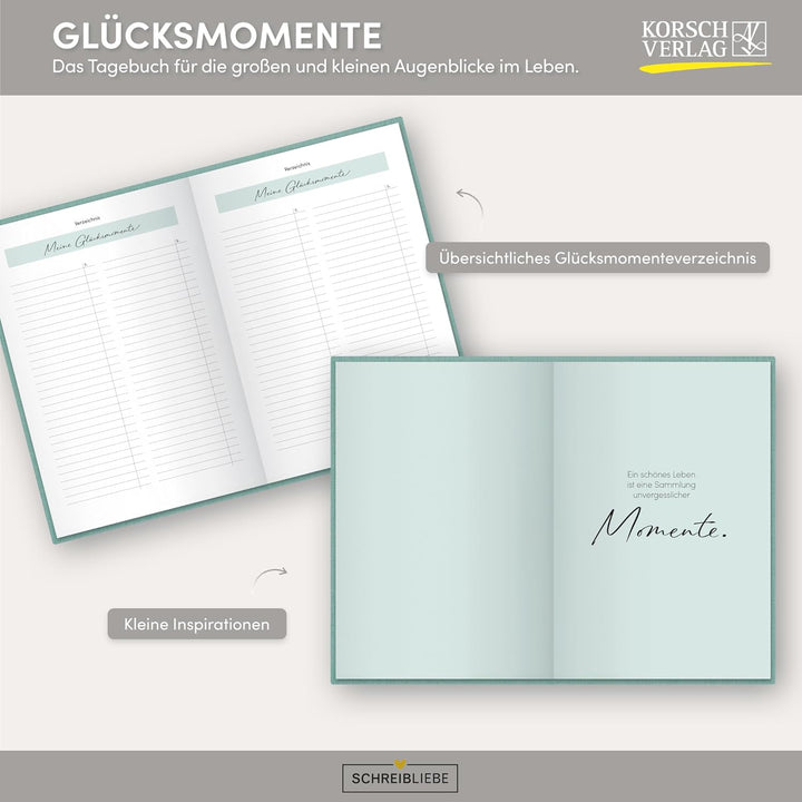 Glücksmomente Mint: Notizbuch, Ausfüllbuch mit Goldveredelung, Lesebändchen, Zetteltasche und Gummib