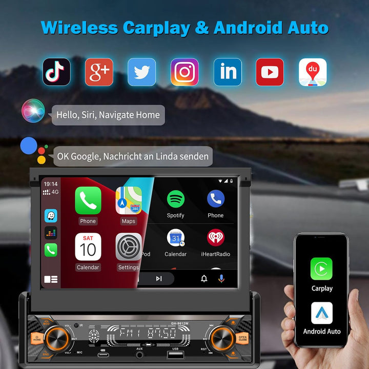Alondy Autoradio 1DIN mit Ausklappbarer Bildschirm(7 Zoll automatisch), Kompatibel mit [Wireless] Ap