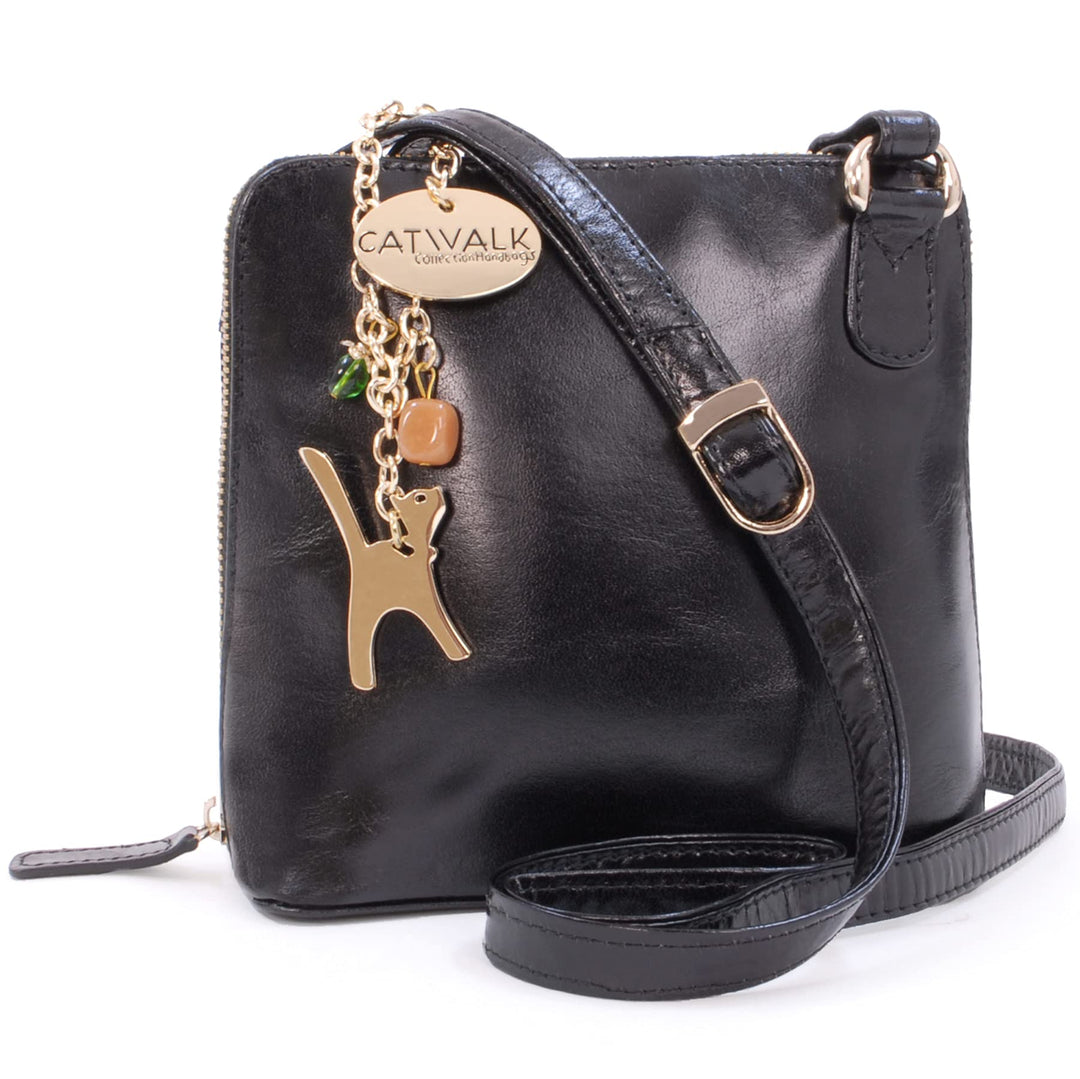 Catwalk Collection Handbags - Leder - Klien Umhängetasche/Schultertasche - LENA S Schwarz Gold, S Sc