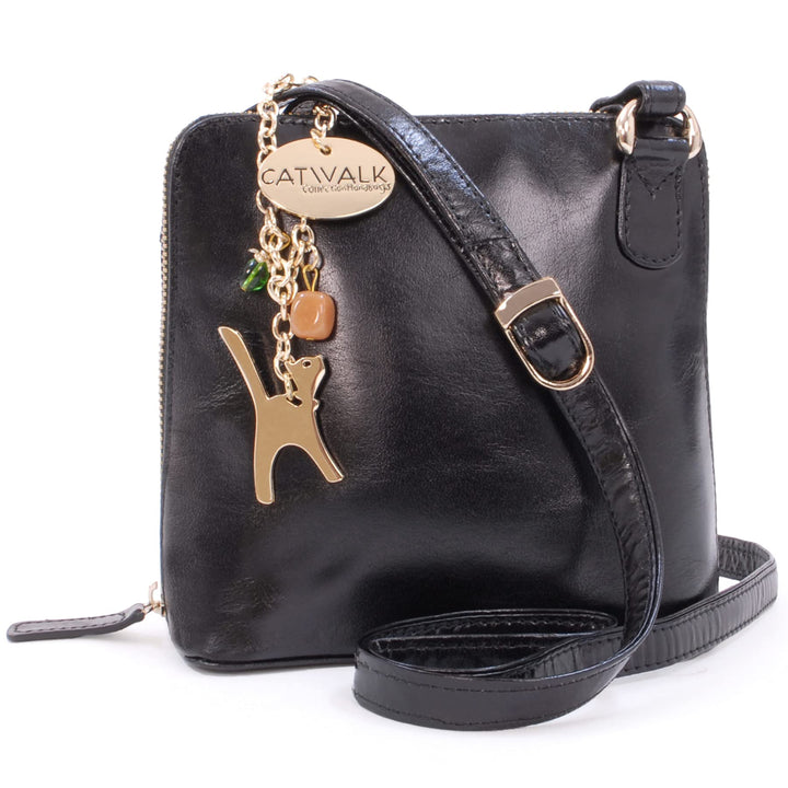 Catwalk Collection Handbags - Leder - Klien Umhängetasche/Schultertasche - LENA S Schwarz Gold, S Sc