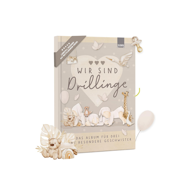Erinnerungsalbum für Drillinge – Boho Babyalbum DIN A4 | 64 Seiten | Hardcover in Beige & Braun | Ge