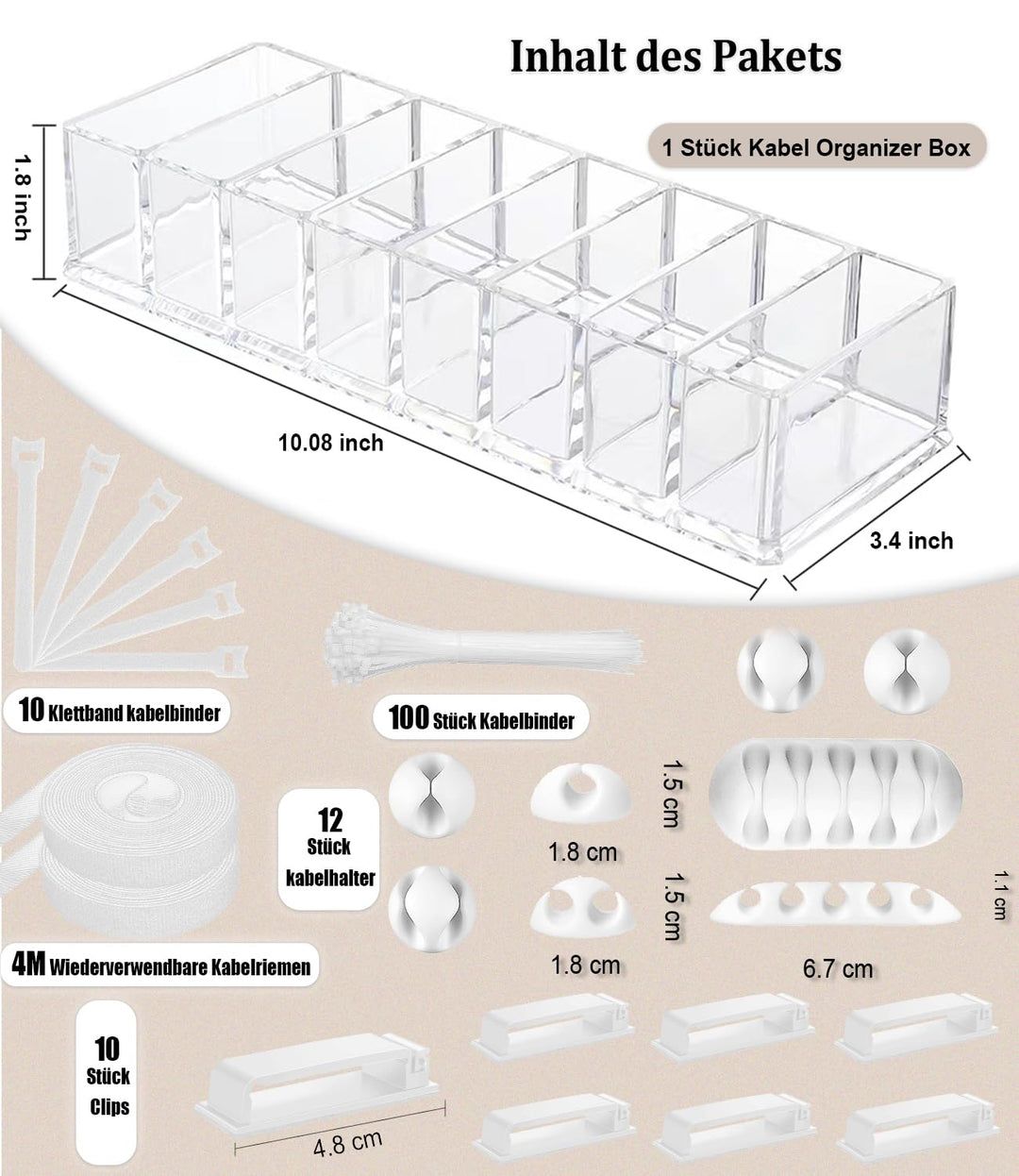 MiuCo 255Pcs Weiss Kabelmanagement Set Mit Kabelbox, Kabelhalter Selbstklebend, Rollenkabelbinder, S