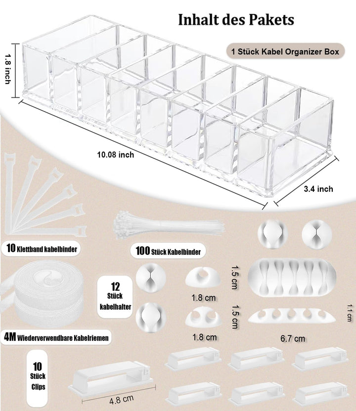 MiuCo 255Pcs Weiss Kabelmanagement Set Mit Kabelbox, Kabelhalter Selbstklebend, Rollenkabelbinder, S