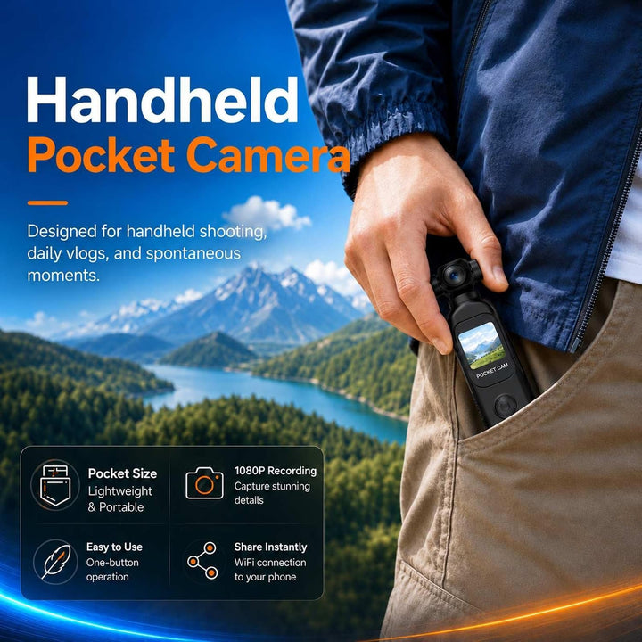 Vlog Kamera 1080P, Mini Pocket Camera/Bodycam mit Ladegriff für Lange Laufzeit, 32 GB Karte, 270°/13