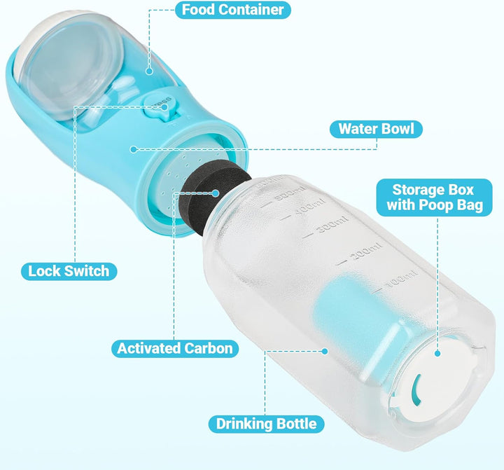 Zivacate Hunde Trinkflasche 600 ML Multifunktion Tragbare Hundetrinkflasche für unterwegs mit 100g F