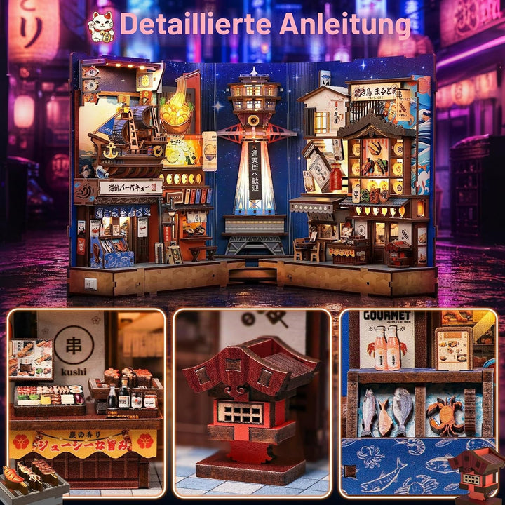 Fsolis Book Nook Japan Kit – Tsutenkaku Ichiban Strasse – Miniaturhaus als 3D Holzpuzzle – Japanisch