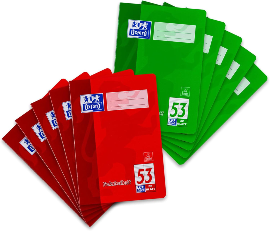 Oxford Vokabelheft, A5, Lin. 53 (2 Spalten), 32 Blatt, rot und grün, 10 Stück Single, Single