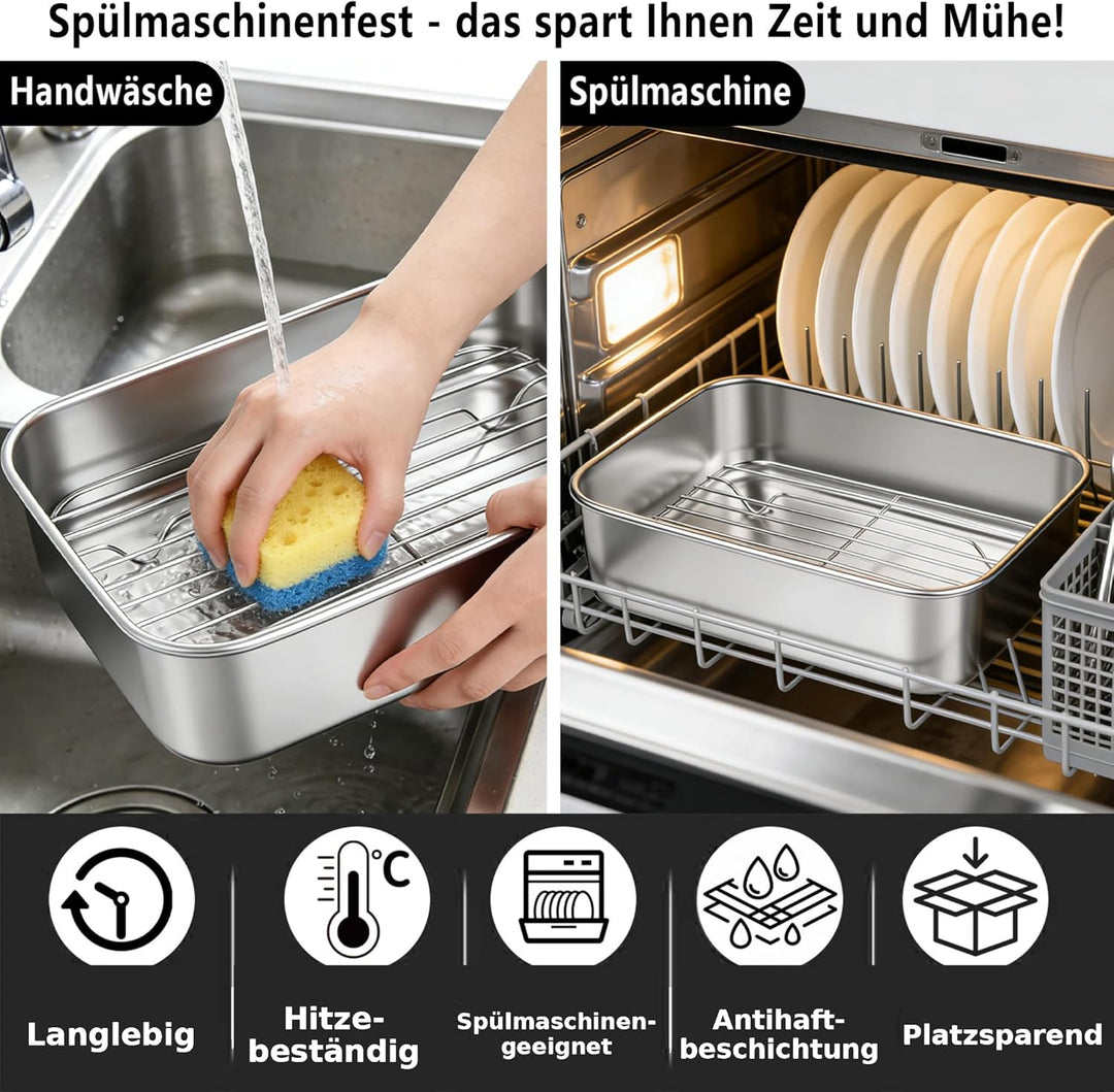 6-tlg. Auflaufform Set für Airfryer/Heissluftfritteuse aus Edelstahl 304 – 2× Schale + 2× Grillrost,