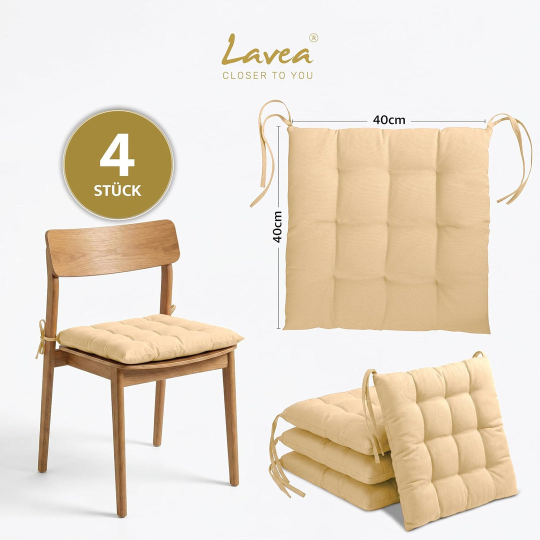 Lavea® Sitzkissen &amp; Stuhlkissen 40x40 cm – 4er Set – mit Stoffbändern – Buiten &amp; Binnen – waschbar &amp;
