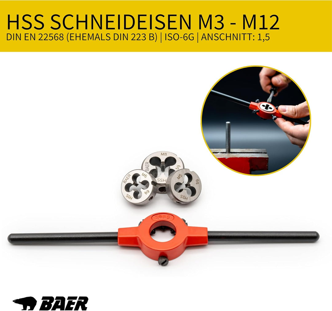 BAER SET HSS Handgewindebohrer | Schneideisen | Werkzeuge : M 3-12 - Gewindeschneider-Set | Gewindes