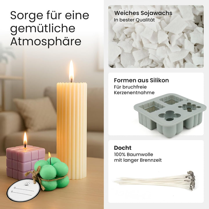 Kerzen selber machen Set – DIY Kerzen Giessset & Kerzenherstellung Bastelset mit Silikonformen, Soja