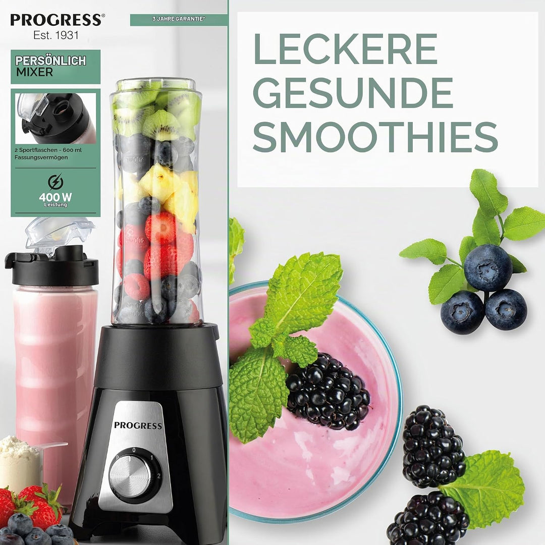 Progress kompakter Smoothie-Mixer, elektrischer Standmixer, ideal für Shakes, Säfte, 2 tragbare Spor
