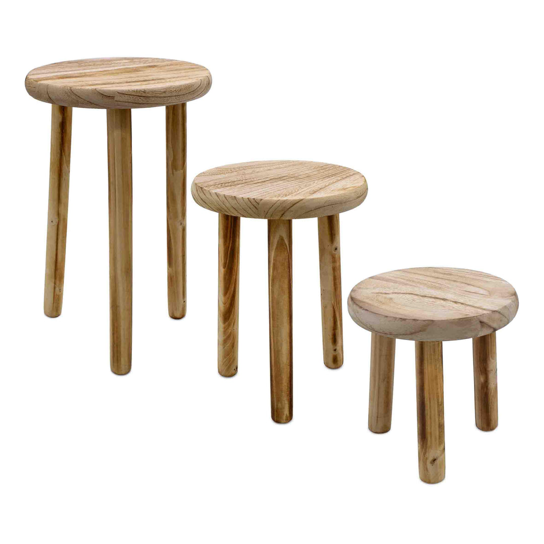 Holz Blumenhocker mit 3 Beinen geflammt 3er Set - 20 / 23 / 25 cm - Massivholz Deko Hocker rund klei
