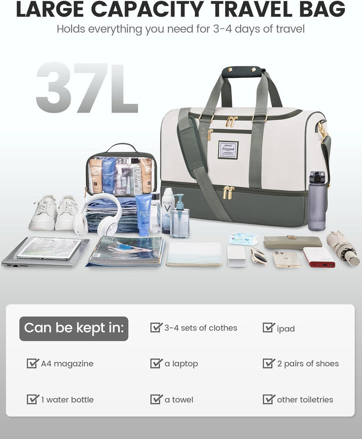 LOVEVOOK Reisetasche Sporttasche Damen, 37L Weekender Travel Bags Gym Bag mit Kulturtasche, Schuhfac