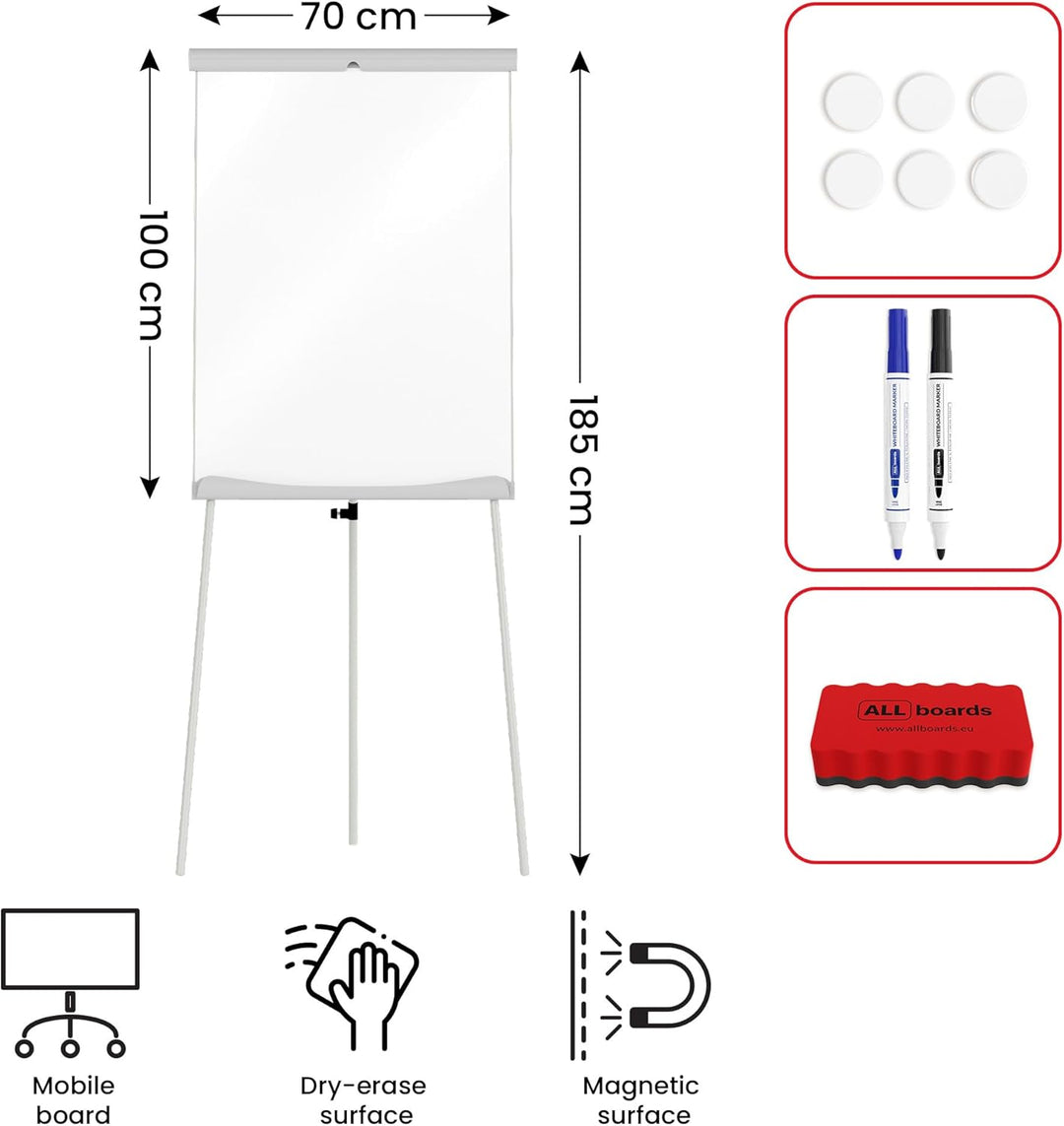 ALLboards Flipchart 100x70cm, Stativ, Dreibeinig, Höhenverstellbar, Whiteboard Magnettafel Magnetisc