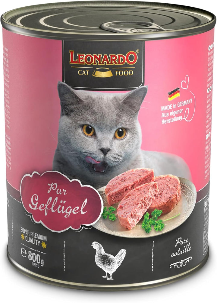 LEONARDO Nassfutter für Katzen, Geflügel pur, 6X 800g Dose, Katzenfutter getreidefrei, Alleinfutter,