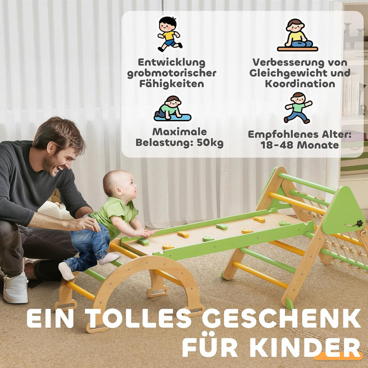 AIYAPLAY 8-in-1 Montessori Klettergerüst Indoor Holz Kletterdreieck mit Kletterbogen, doppelseitiger