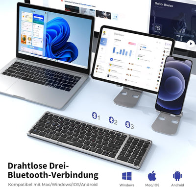 seenda Faltbare Bluetooth Tastatur mit Nummernblock und Handyhalterung, Aufladbare Kabellose Klappba