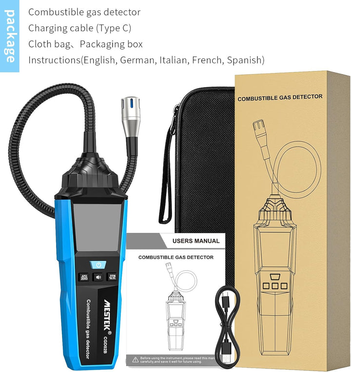 Gasmelder Erdgas MESTEK Gaslecksuchgerät Tragbarer Leckdetektor Digitalanzeige mit Akustischem Alarm
