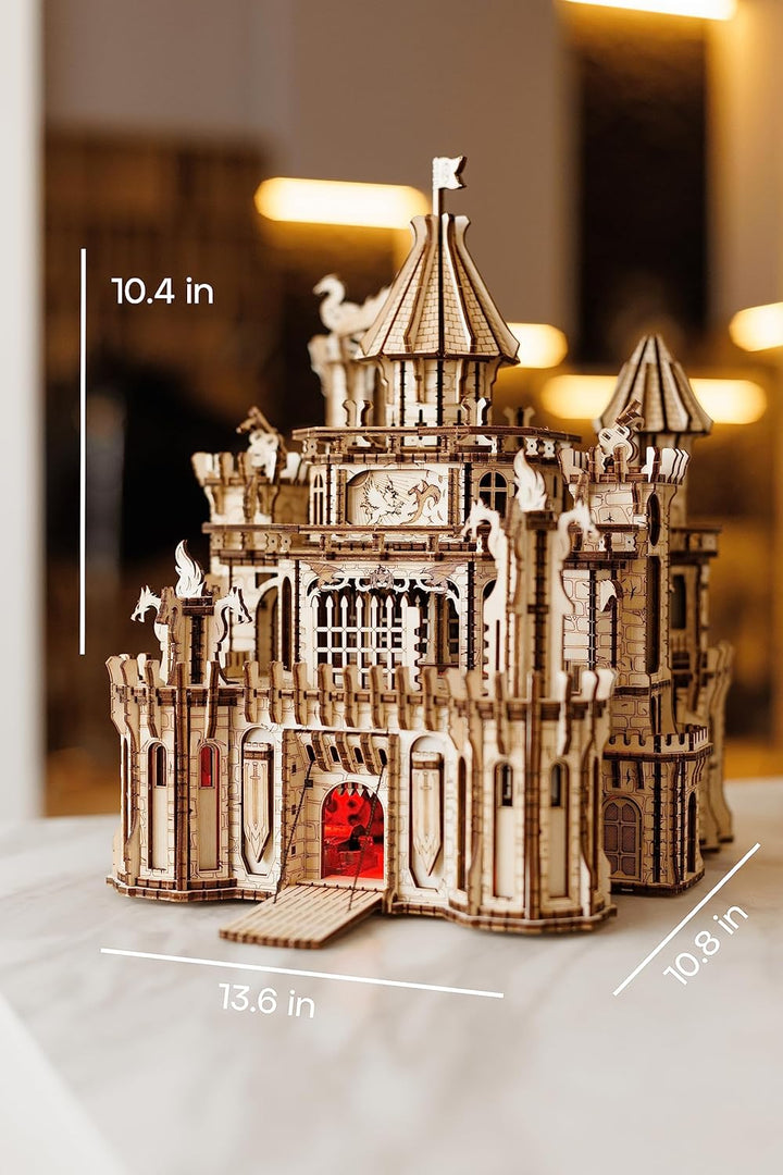 Wood Trick Dragon Castle Moveable Wooden 3D Puzzles for Adults and Kids to Build - Red LED - Greensl