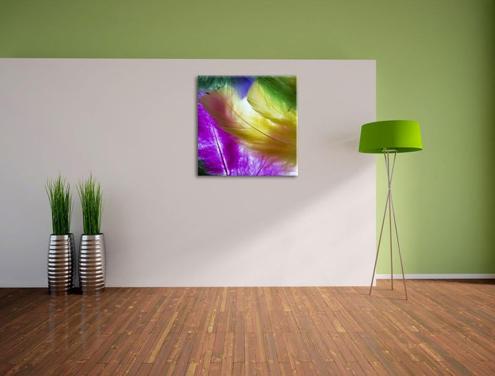Pixxprint Bunte Federn, Format: 70x70 auf Leinwand, XXL riesige Bilder fertig gerahmt mit Keilrahmen