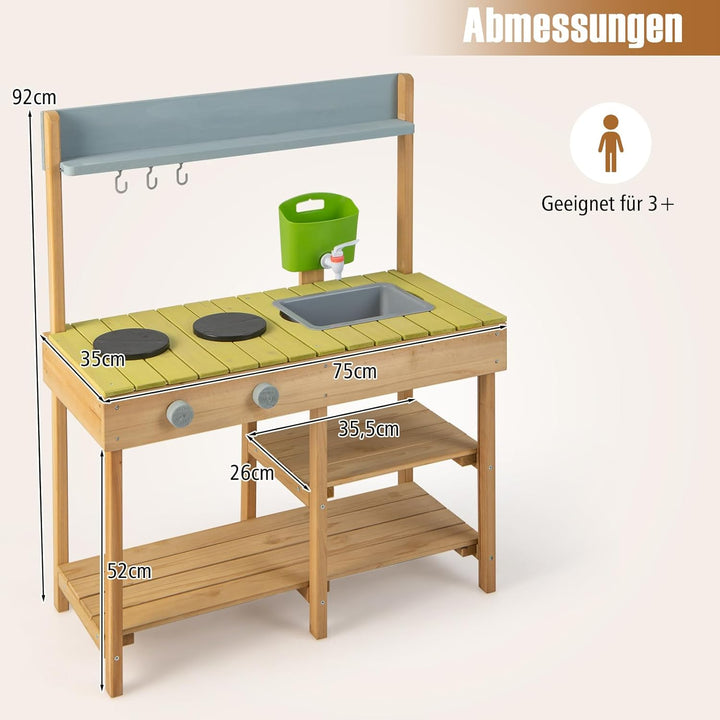 COSTWAY Matschküche Outdoor, Kinderküche Holz mit Wasserfunktion, Spielküche mit Haken & Abnehmbarem