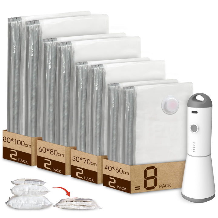 Vakuumbeutel für Kleidung mit Kabelloser Vakuumpumpe, 8er-Pack (2 extra gross, 2 gross, 2 mittelgros