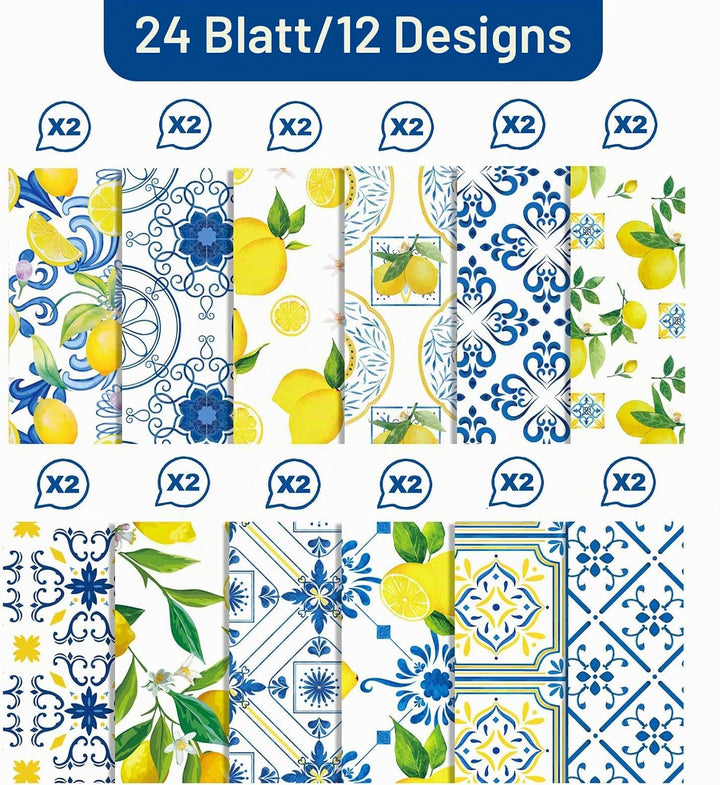 Fruchtmuster Scrapbook Papier, 24 Blatt/12 Designs Doppelseitiges Bastelpapier, Zitronenmuster Dekor
