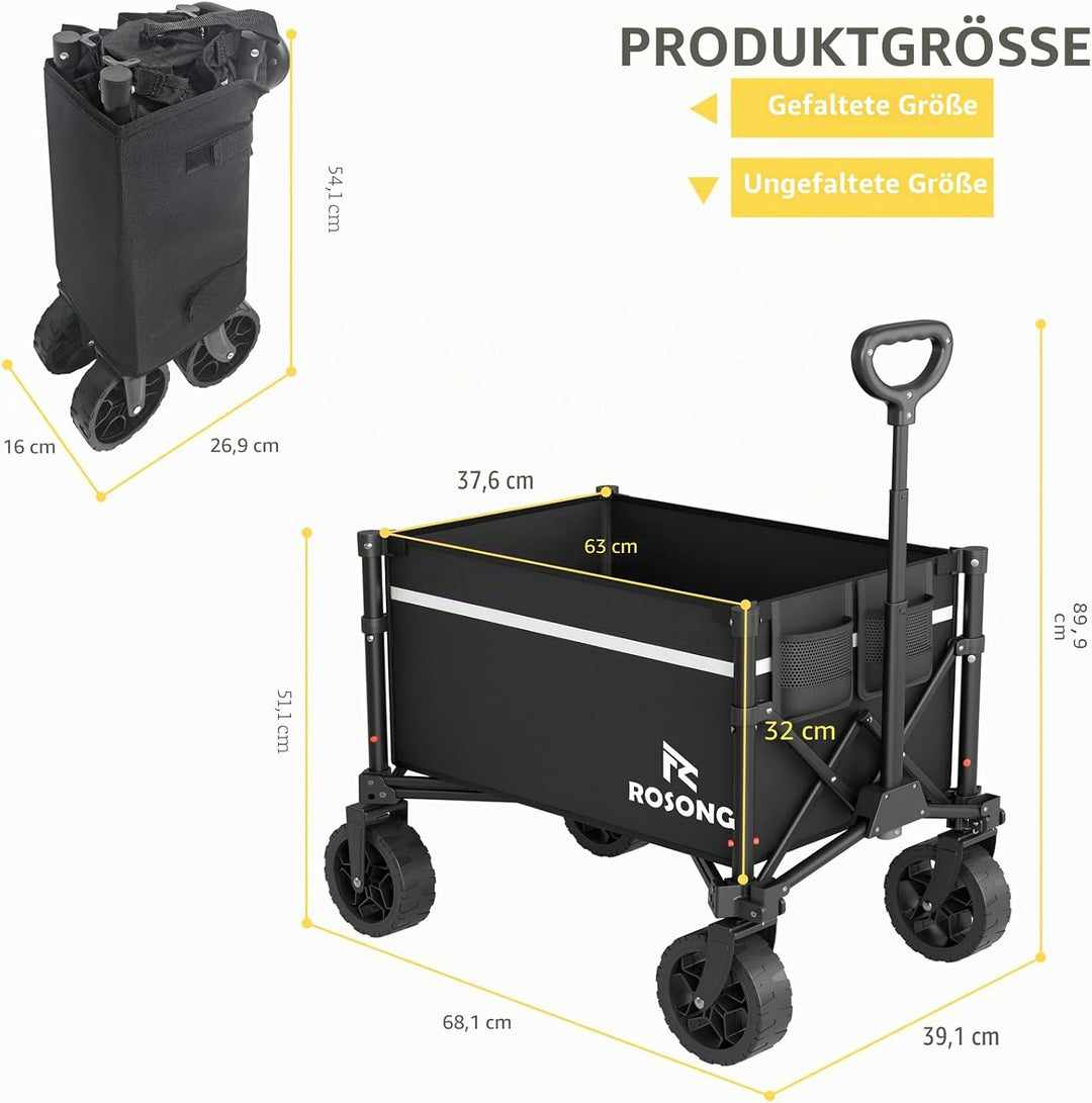 ROSONG Faltbarer Bollerwagen mit Rädern, zusammenklappbar, robust, für Einkäufe, Sport, Garten, Eink