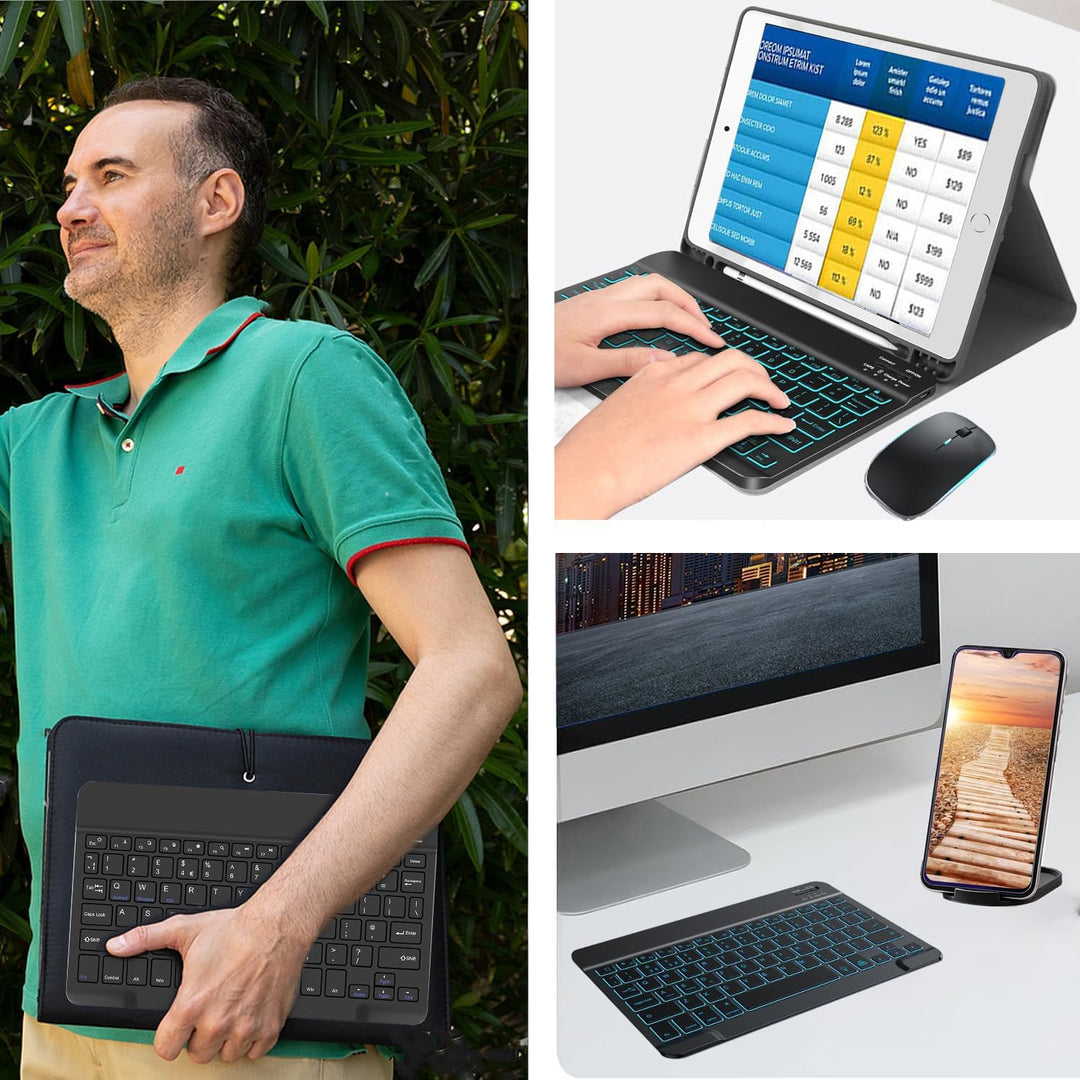 Kabellose Bluetooth Tastatur & Maus mit Elefonhalter, Ultraflache drahtlose Tastatur (Deutsches QWER