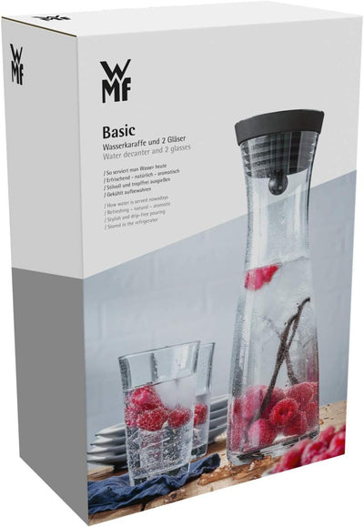 WMF Basic Wasserkaraffe Set 3-teilig, Karaffe 1l mit 2 Wassergläser 250ml, Glaskaraffe mit Deckel, S