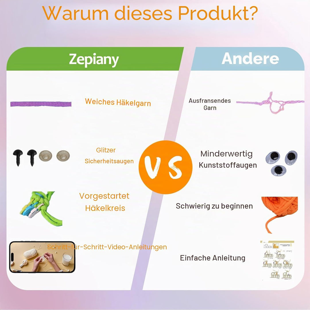 Zepiany Häkelsets für Anfänger – All-in-One Häkelset Tiere, Deutsches Video-Anleitungen zum Selberma